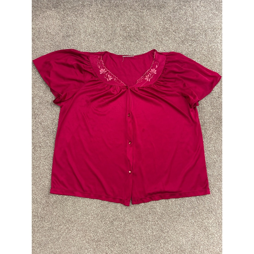 VTG Pajama Top Womens 2XL Magenta Pink Excellent Floral Embroidered Silky